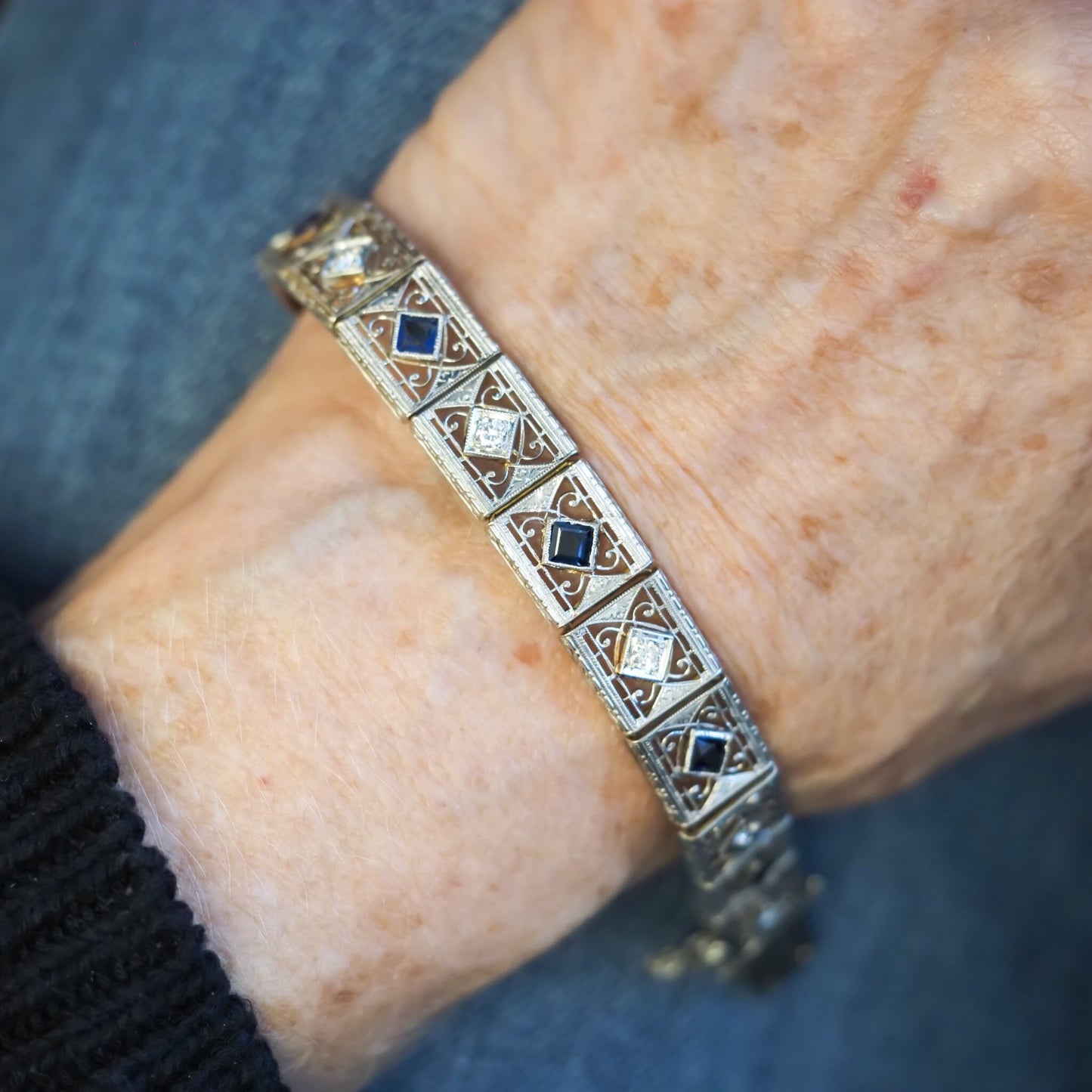 1940s 14K Yellow Gold and Platinum Diamond Sapphire Ornate Bracelet - VHK#535