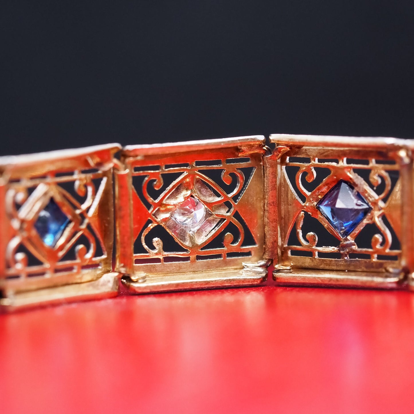 1940s 14K Yellow Gold and Platinum Diamond Sapphire Ornate Bracelet - VHK#535