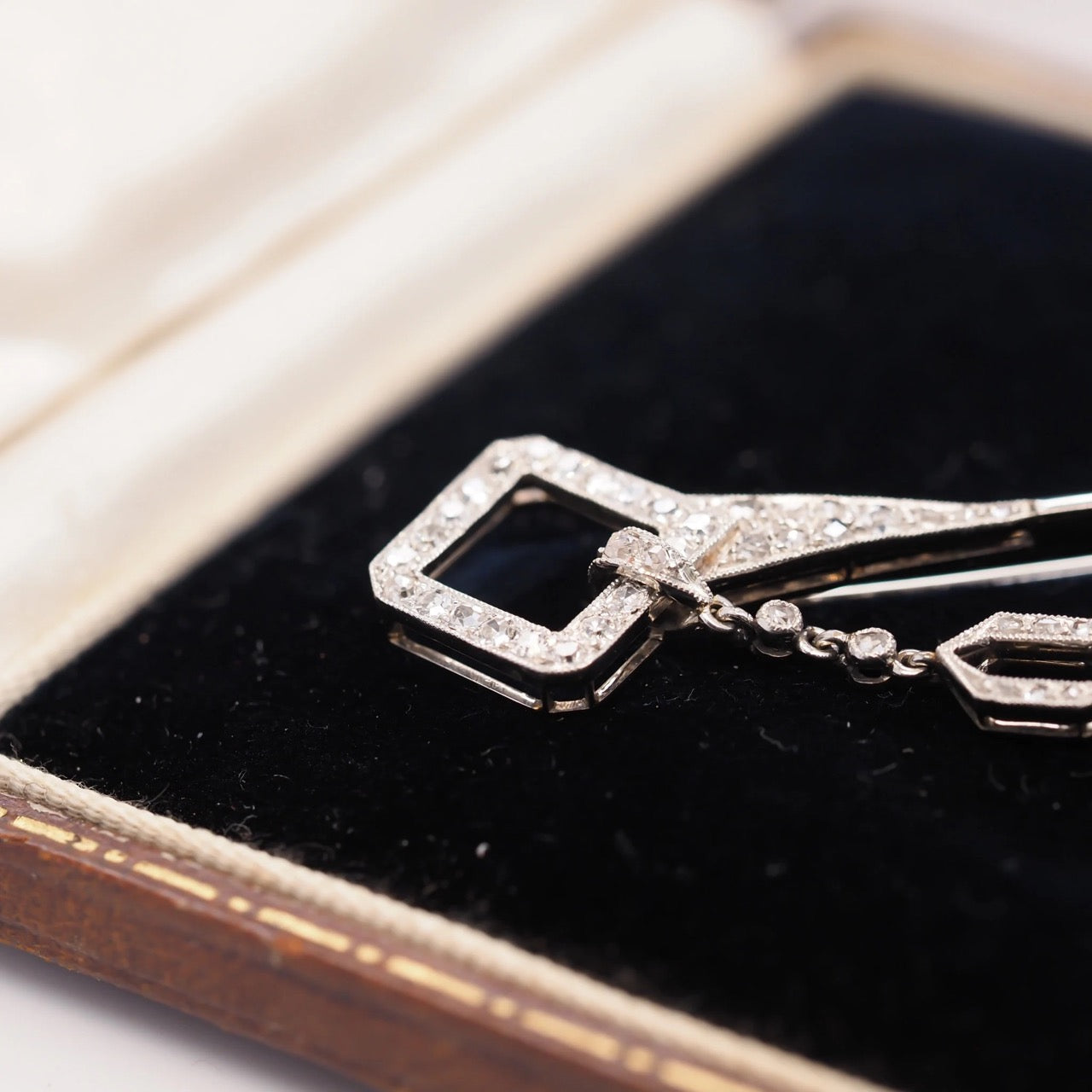Circa 1880s Brook & Son Platinum Jabot Pin with Drop Section with Original Box - VHK#529