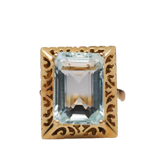 18K Yellow Gold Filigree 8.00ct Emerald Cut Aquamarine Ring - VHK#545
