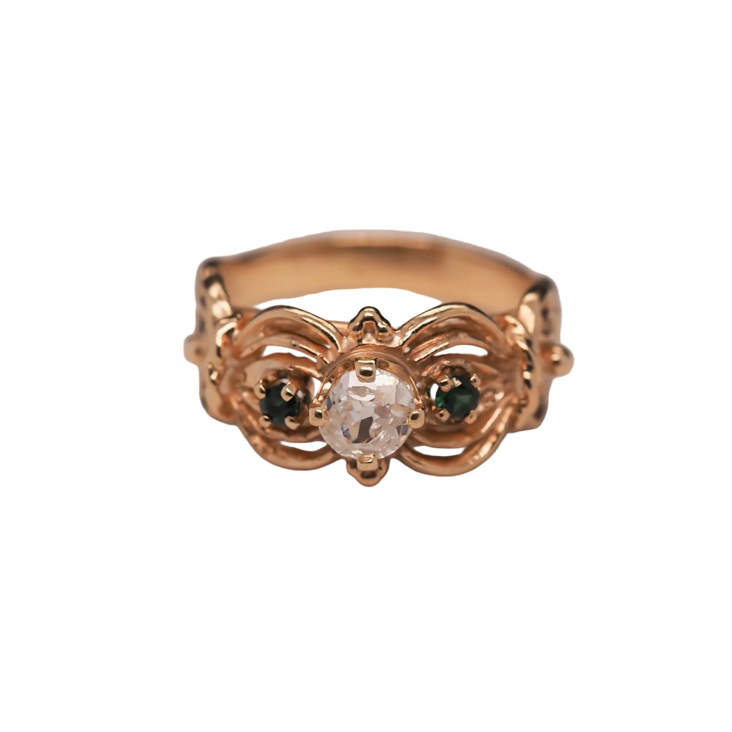 Vintage 14K Yellow Gold Ornate Old Mine Diamond and Emerald Engagement Ring - VHK#547