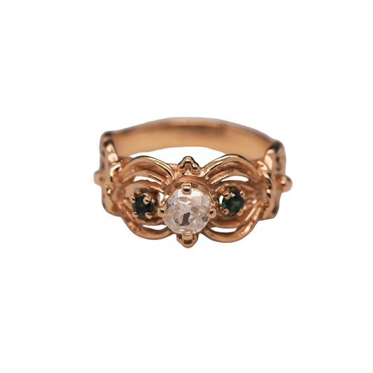 Vintage 14K Yellow Gold Ornate Old Mine Diamond and Emerald Engagement Ring - VHK#547