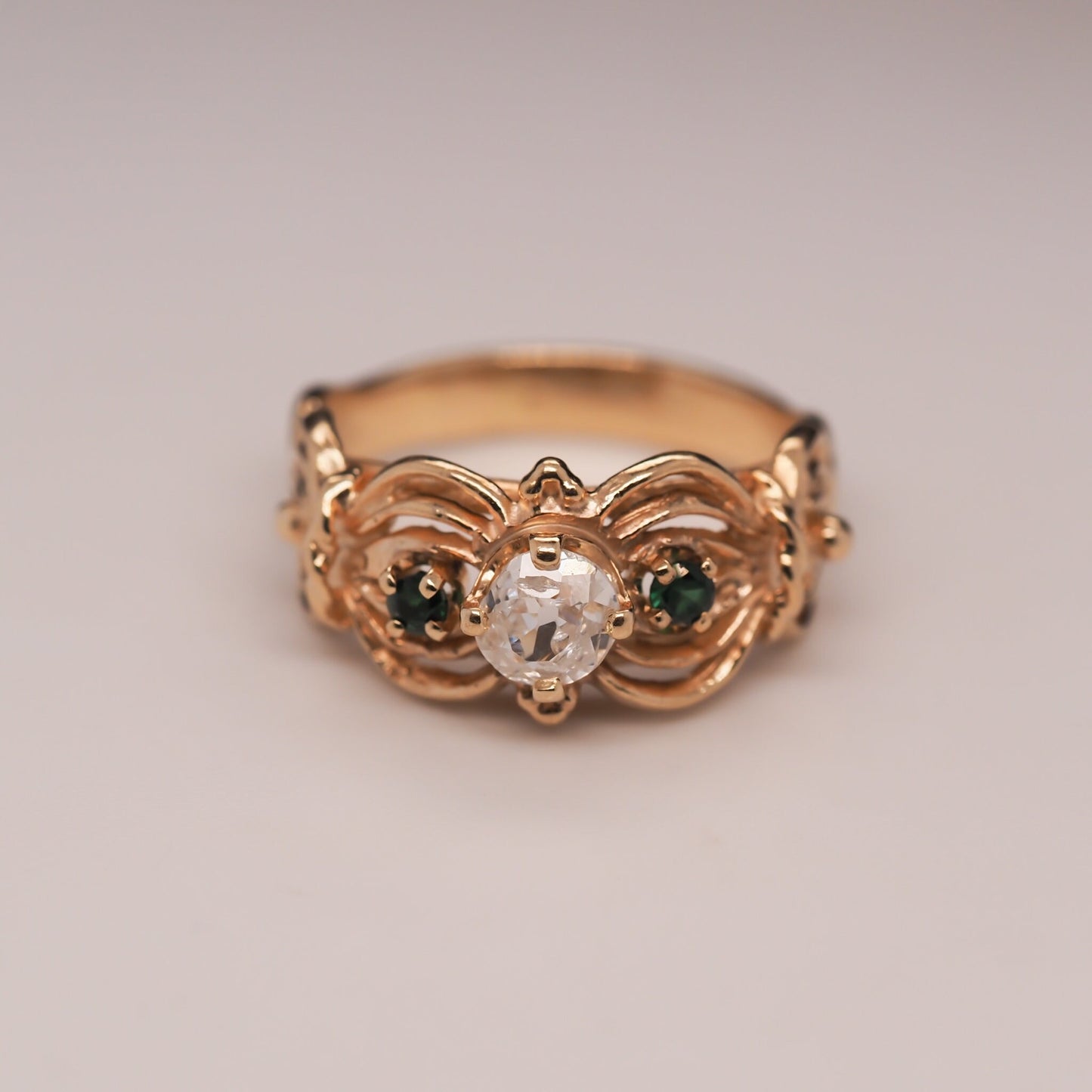 Vintage 14K Yellow Gold Ornate Old Mine Diamond and Emerald Engagement Ring - VHK#547