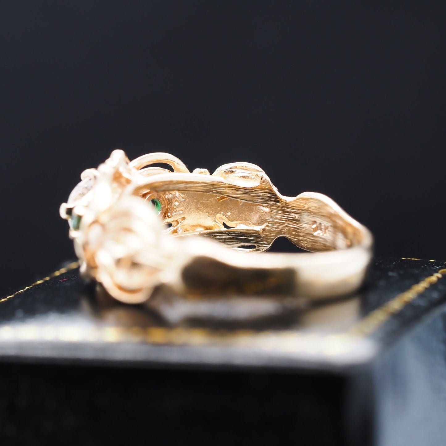 Vintage 14K Yellow Gold Ornate Old Mine Diamond and Emerald Engagement Ring - VHK#547