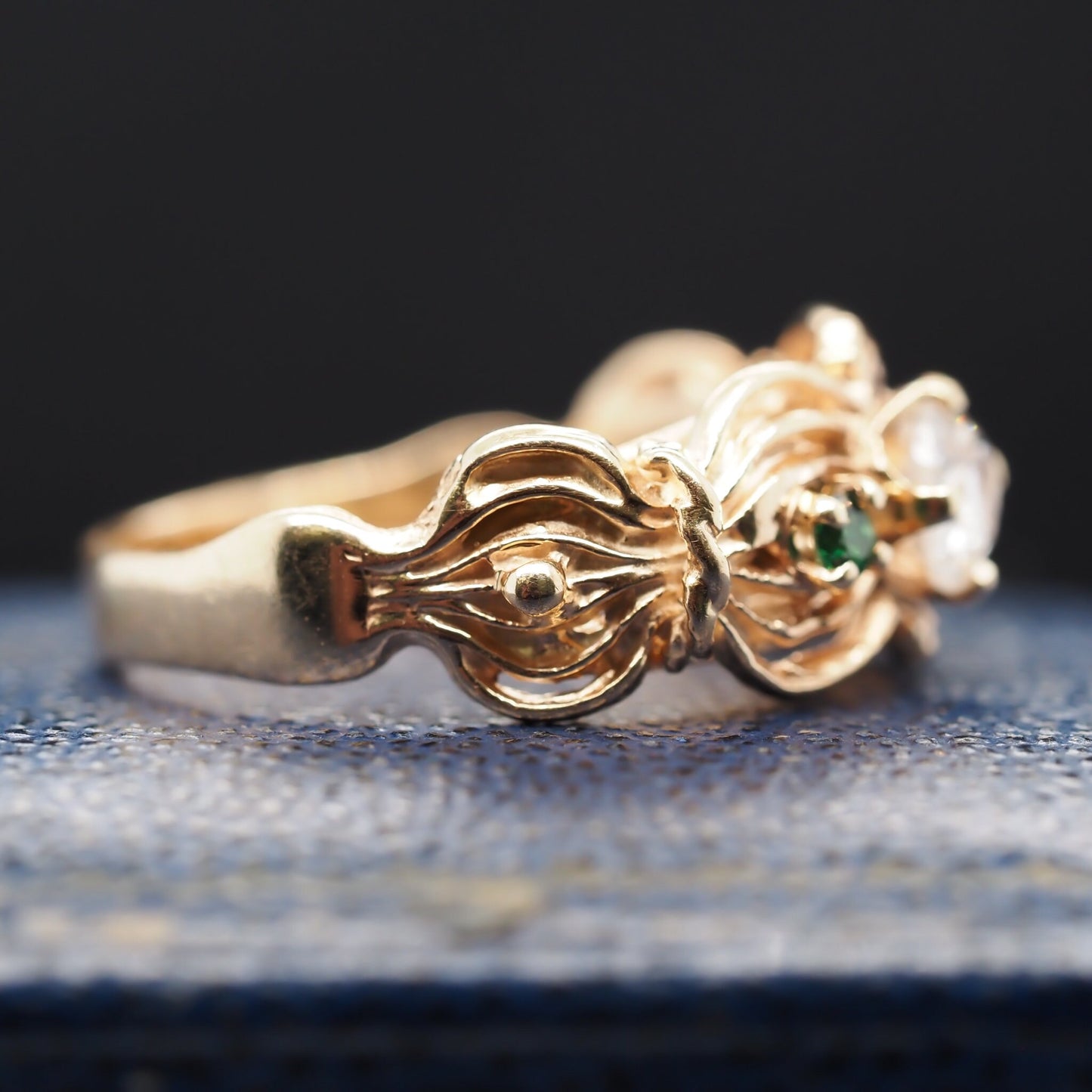 Vintage 14K Yellow Gold Ornate Old Mine Diamond and Emerald Engagement Ring - VHK#547