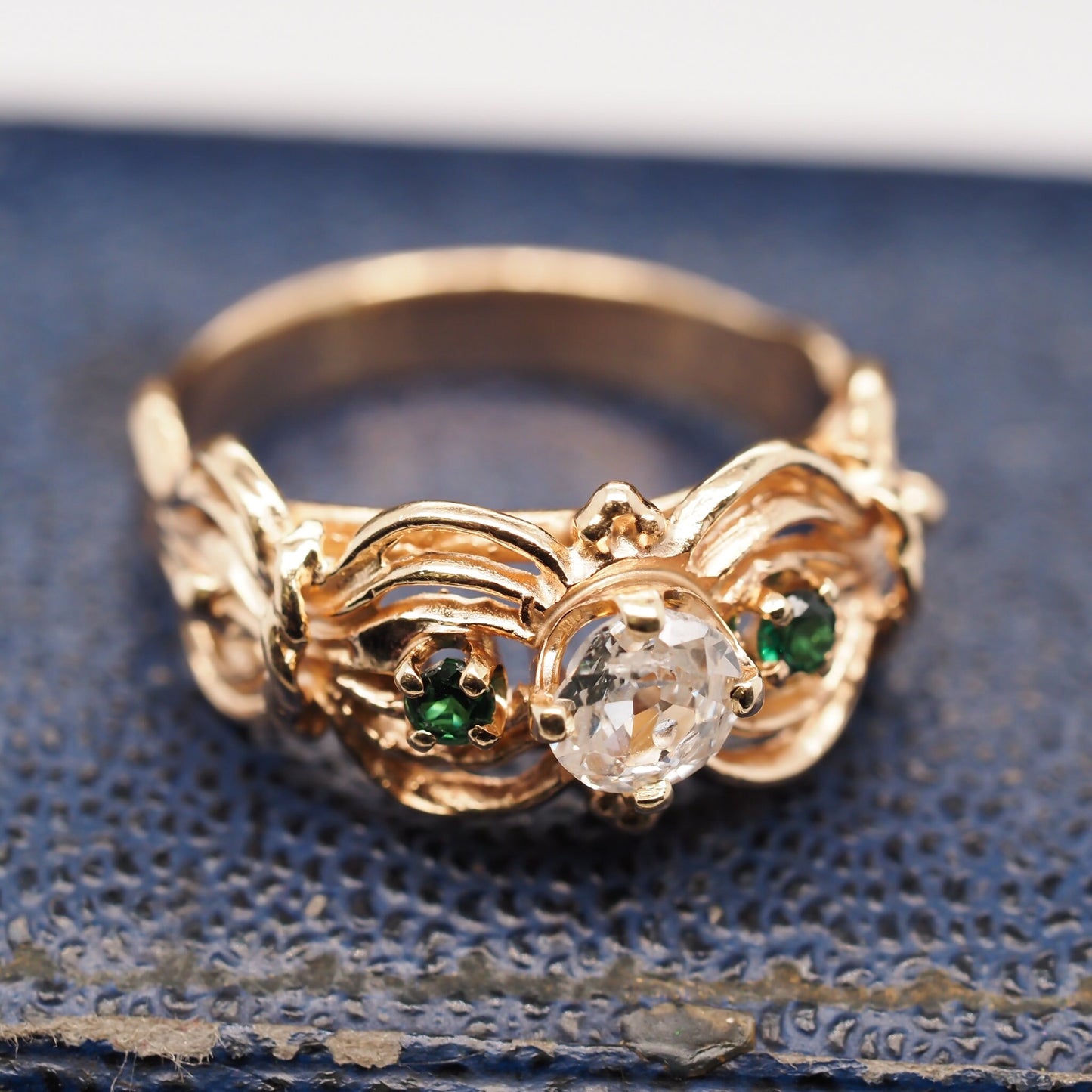 Vintage 14K Yellow Gold Ornate Old Mine Diamond and Emerald Engagement Ring - VHK#547