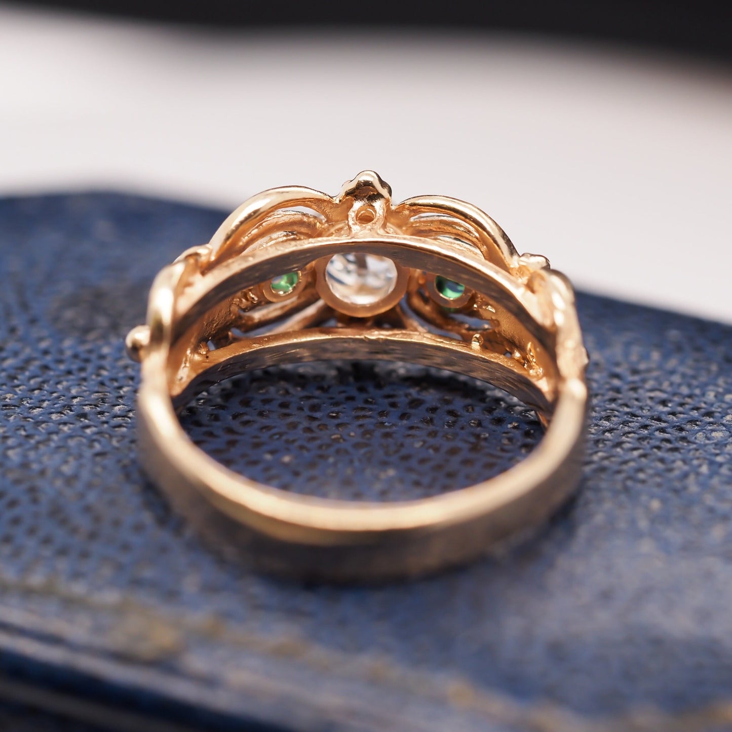 Vintage 14K Yellow Gold Ornate Old Mine Diamond and Emerald Engagement Ring - VHK#547
