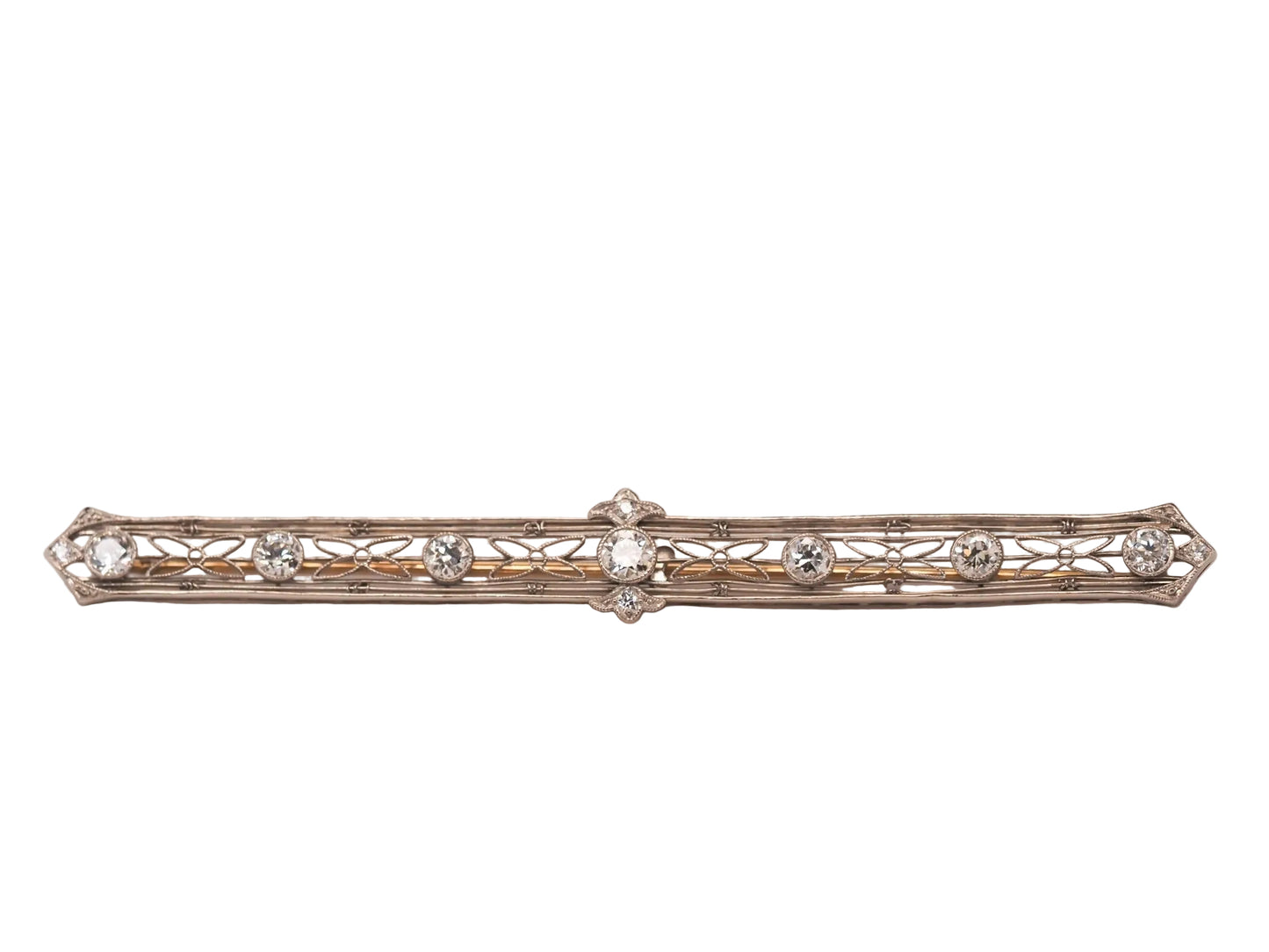 Circa 1920s Platinum and 14K Gold Long Bar Pin with Old European Cut Diamonds - VHK#556