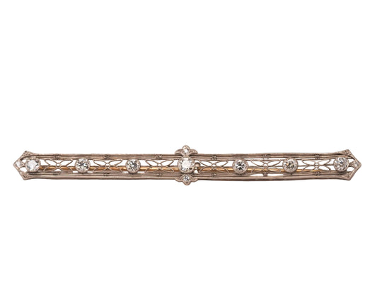 Circa 1920s Platinum and 14K Gold Long Bar Pin with Old European Cut Diamonds - VHK#556