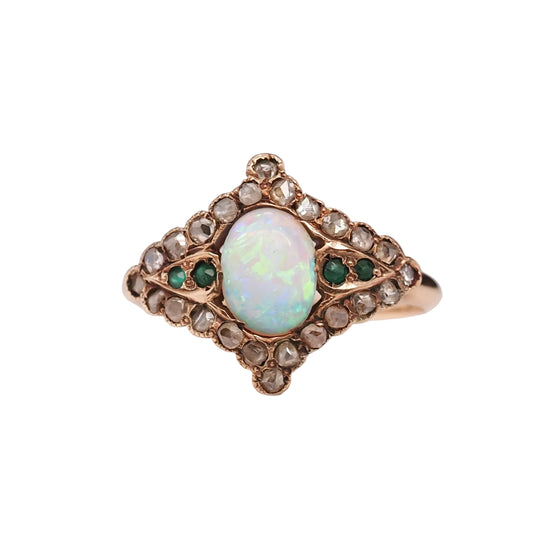 Circa 1900s Art Nouveau 14K Yellow Gold Opal, Emerald and Rose Cut Diamond Ring - VHK#562