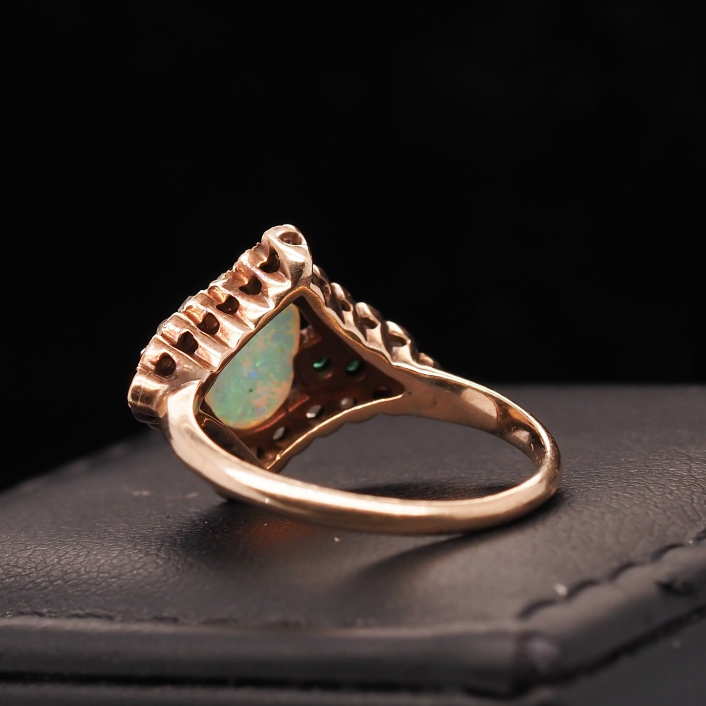 Circa 1900s Art Nouveau 14K Yellow Gold Opal, Emerald and Rose Cut Diamond Ring - VHK#562