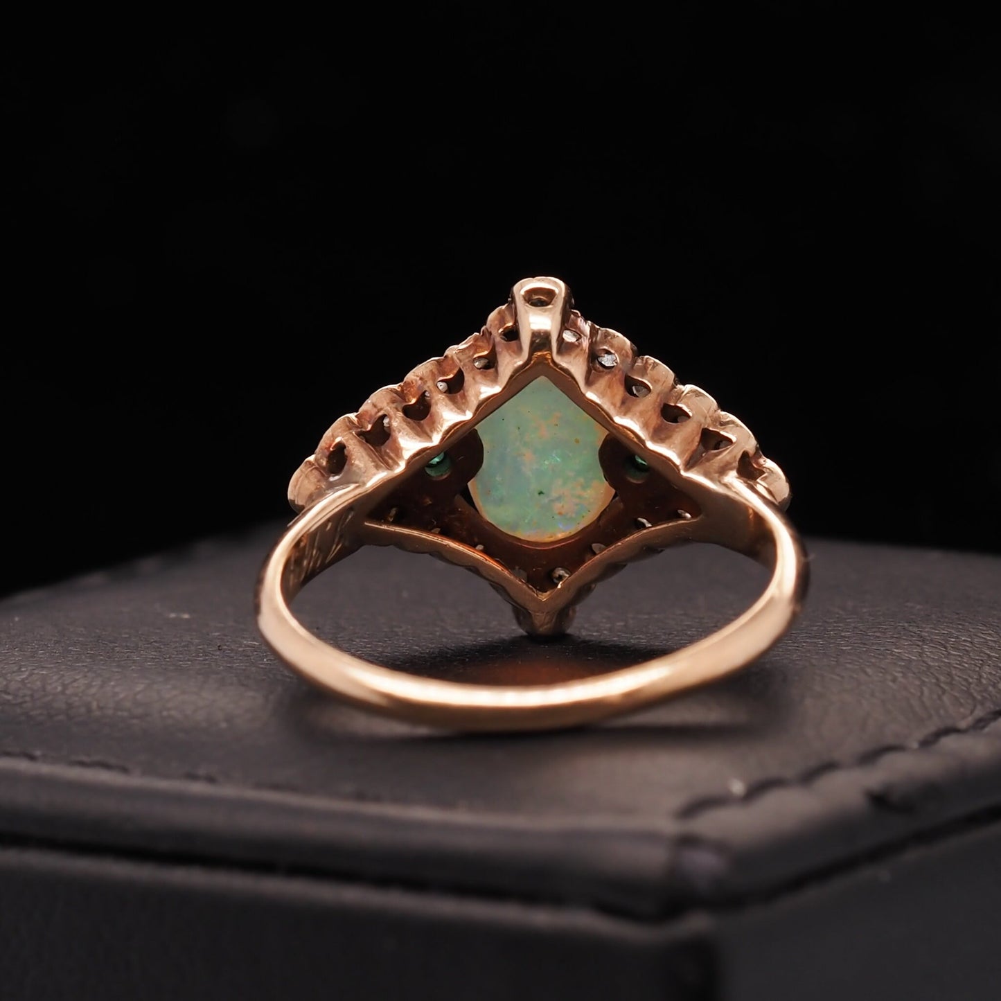 Circa 1900s Art Nouveau 14K Yellow Gold Opal, Emerald and Rose Cut Diamond Ring - VHK#562