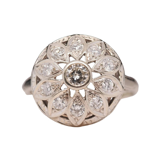 Vintage 1950s 14K White Gold Floral Diamond Ring - VHK#563