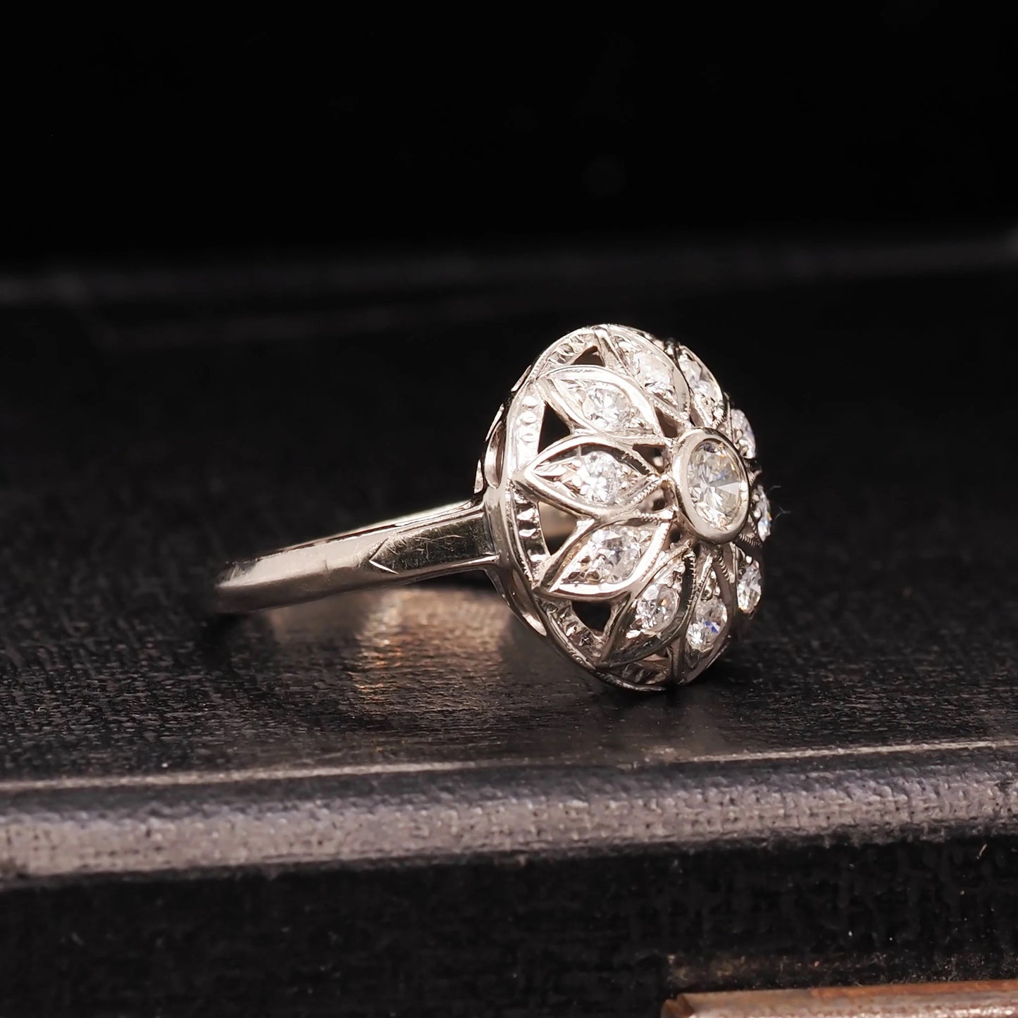 Vintage 1950s 14K White Gold Floral Diamond Ring - VHK#563