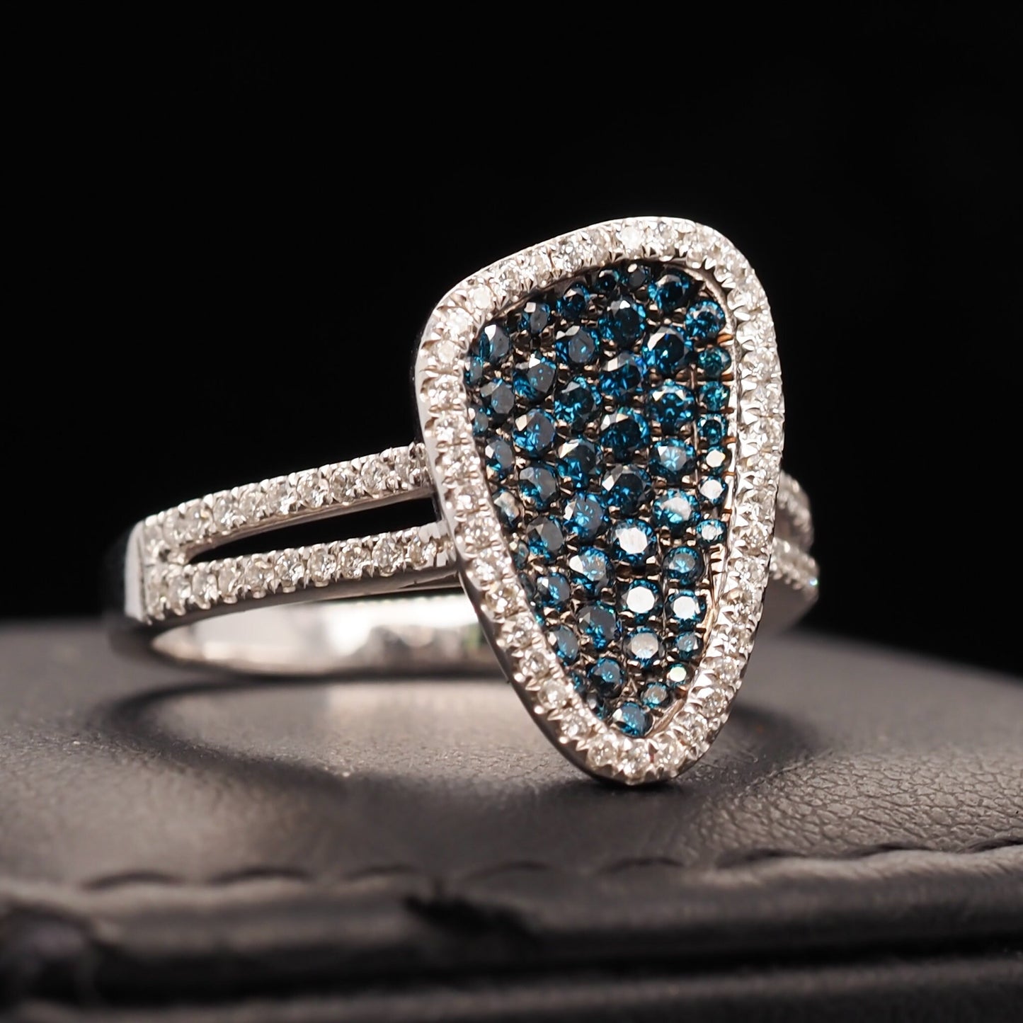 14 Karat Yellow Gold Contemporary Abstract Blue and White Diamond Cocktail Ring - VHK#567