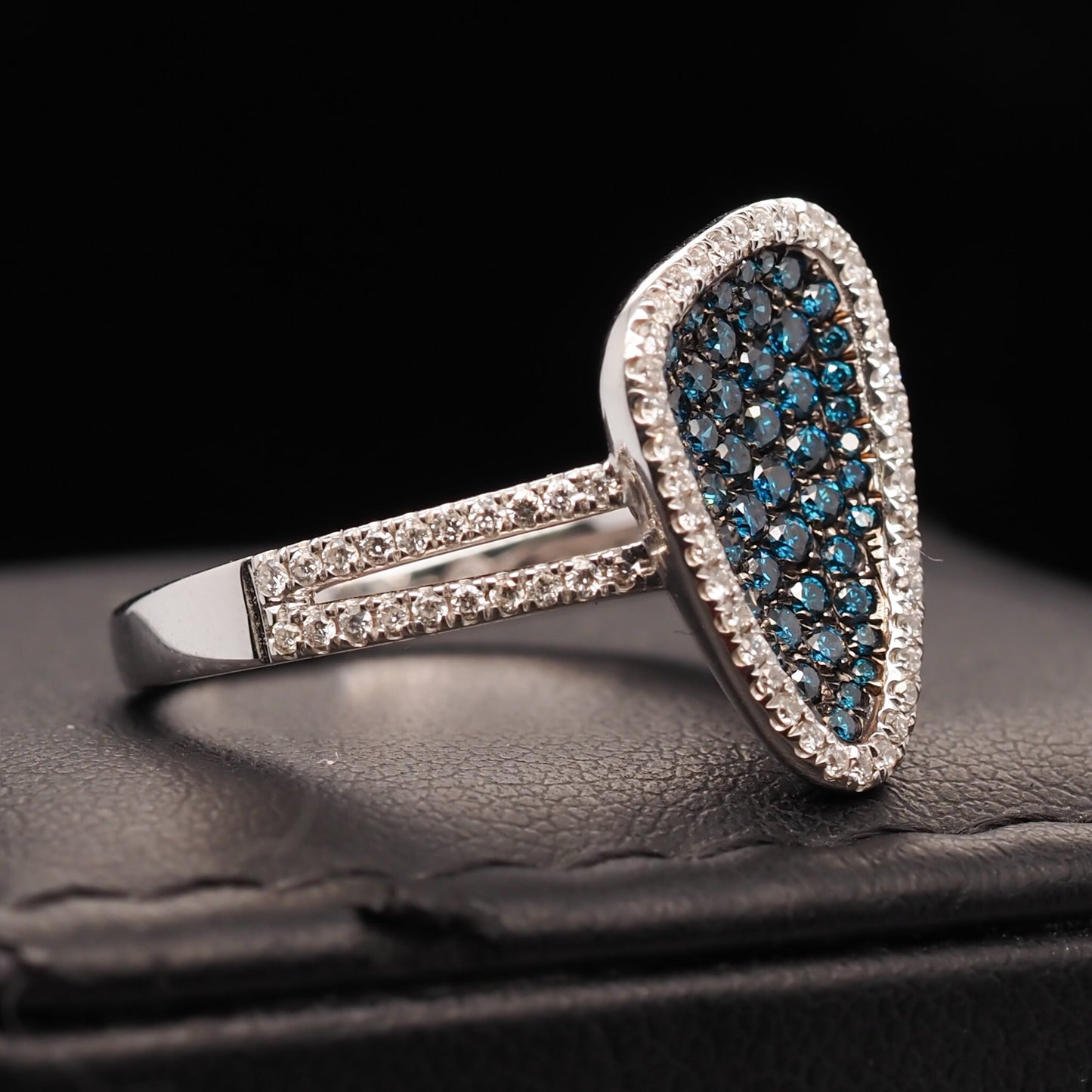 14 Karat Yellow Gold Contemporary Abstract Blue and White Diamond Cocktail Ring - VHK#567