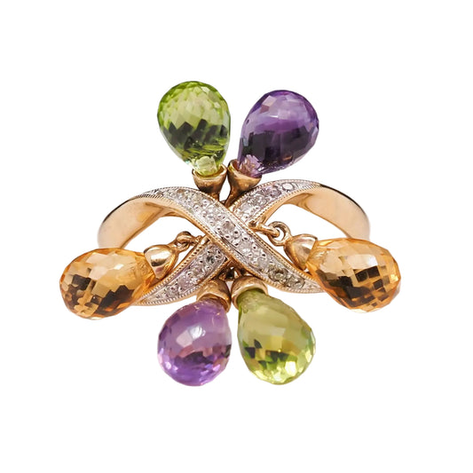Contemporary 14K Yellow Gold Diamond and Dangling Citrine, Amethyst and Peridot Ring - VHK#568