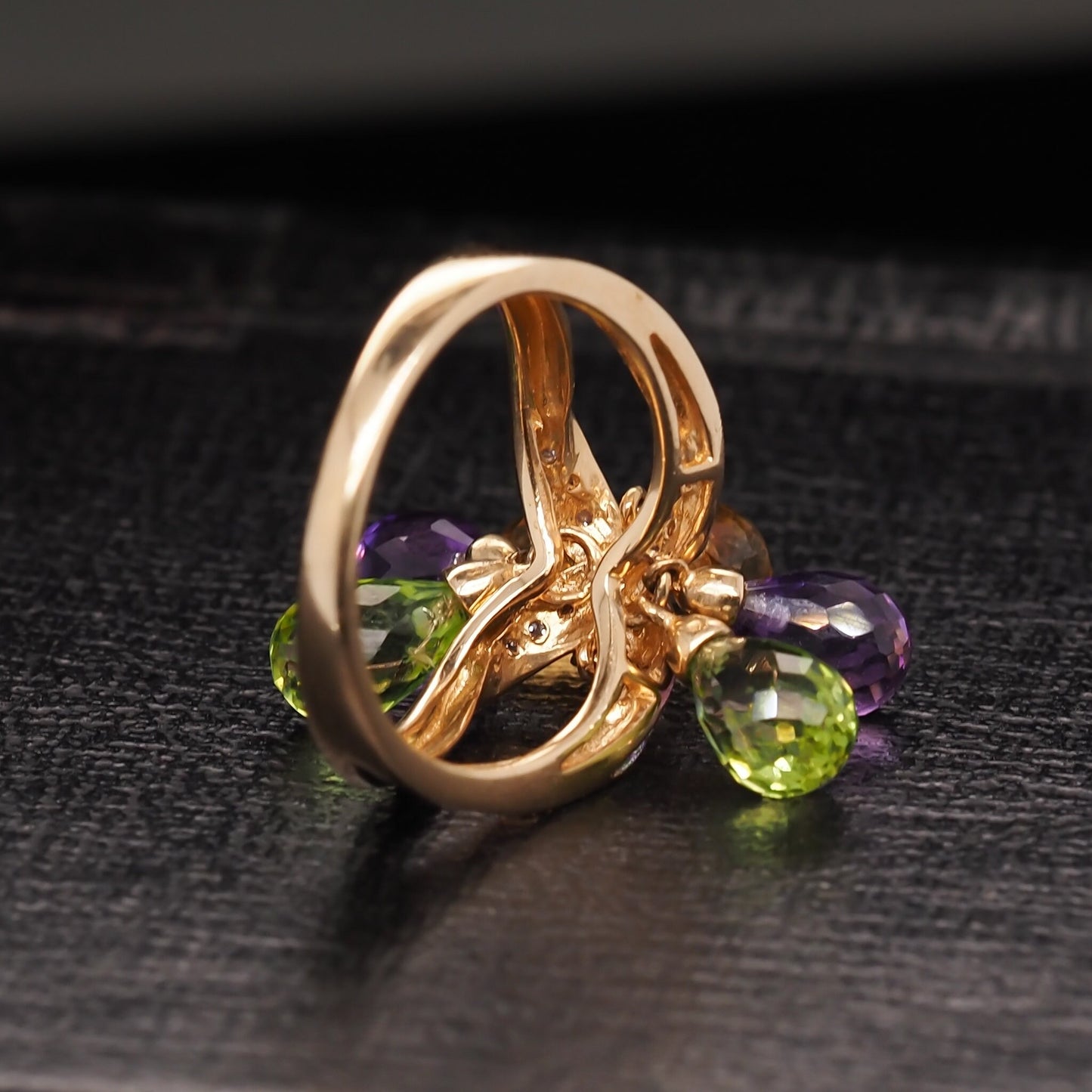 Contemporary 14K Yellow Gold Diamond and Dangling Citrine, Amethyst and Peridot Ring - VHK#568