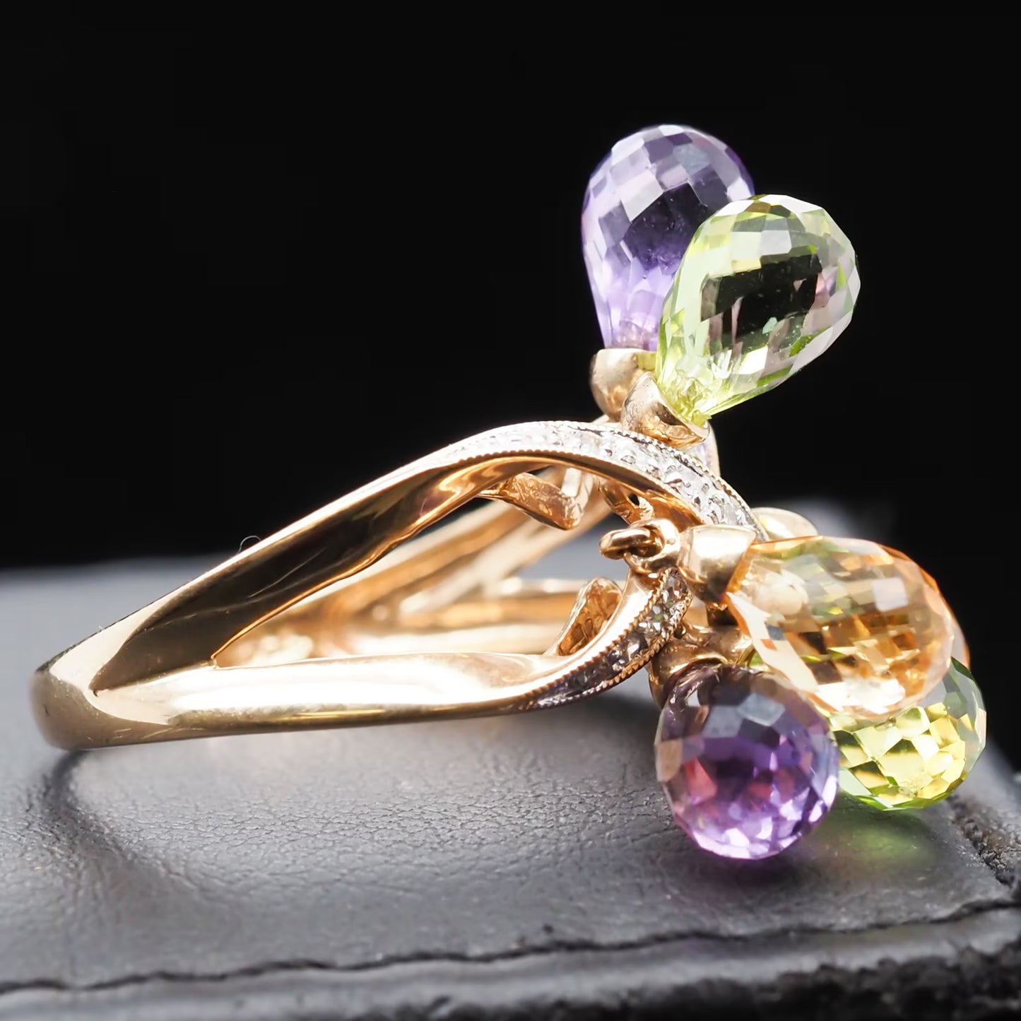 Contemporary 14K Yellow Gold Diamond and Dangling Citrine, Amethyst and Peridot Ring - VHK#568