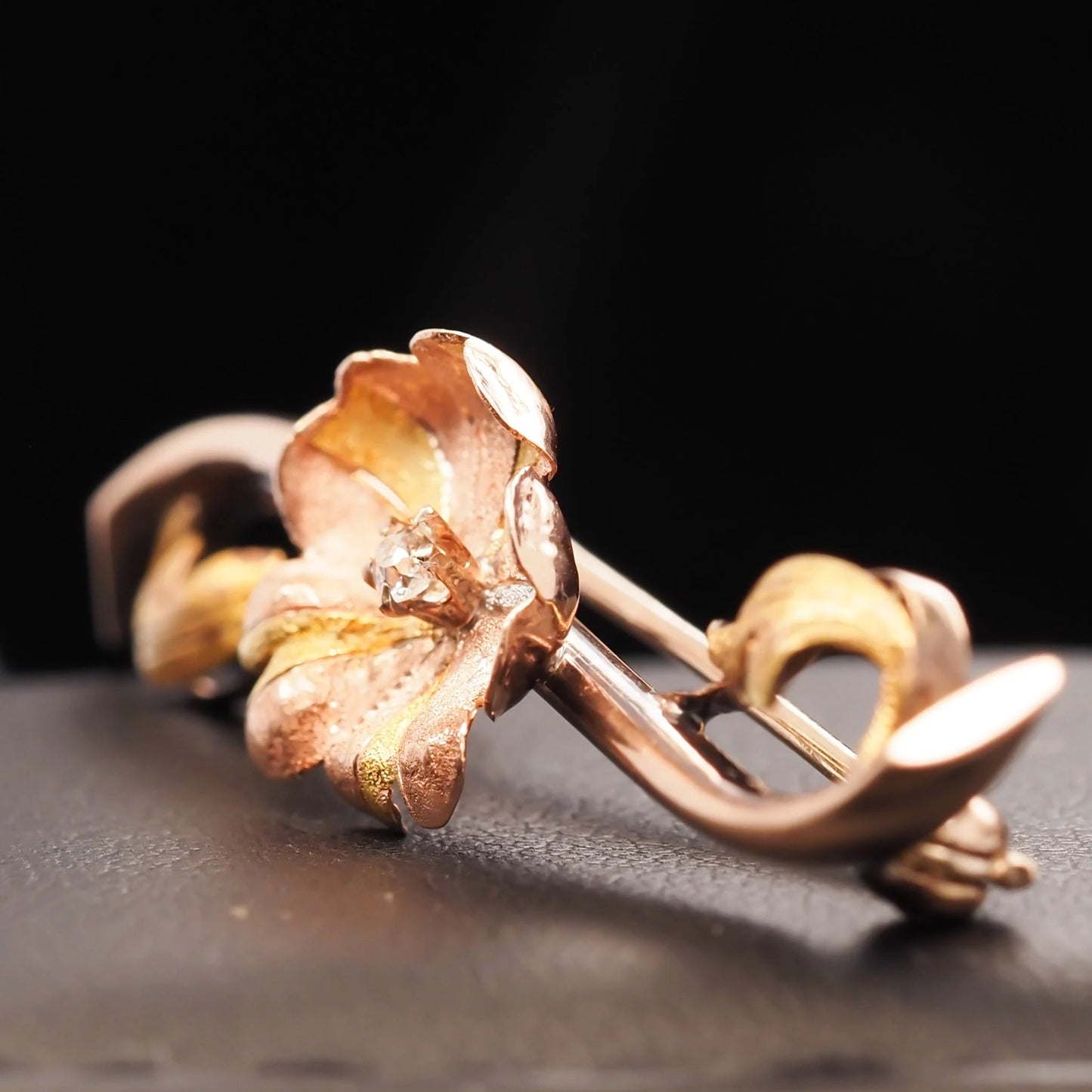 Circa 1900s Multi Tone Gold and Old Mine Diamond Floral Brooch Pin - VHK#572