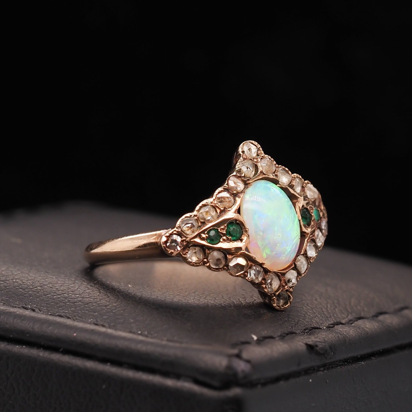 Circa 1900s Art Nouveau 14K Yellow Gold Opal, Emerald and Rose Cut Diamond Ring - VHK#562