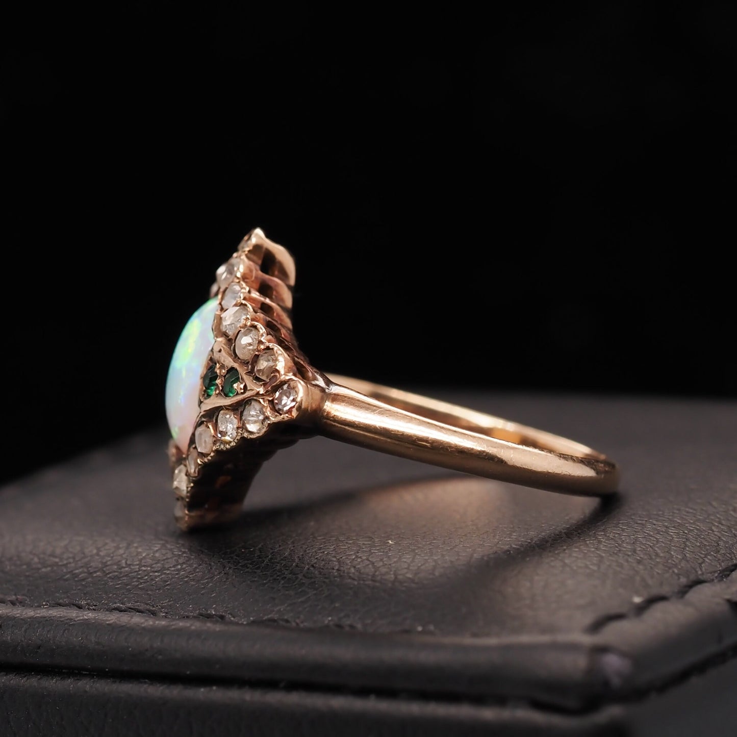 Circa 1900s Art Nouveau 14K Yellow Gold Opal, Emerald and Rose Cut Diamond Ring - VHK#562