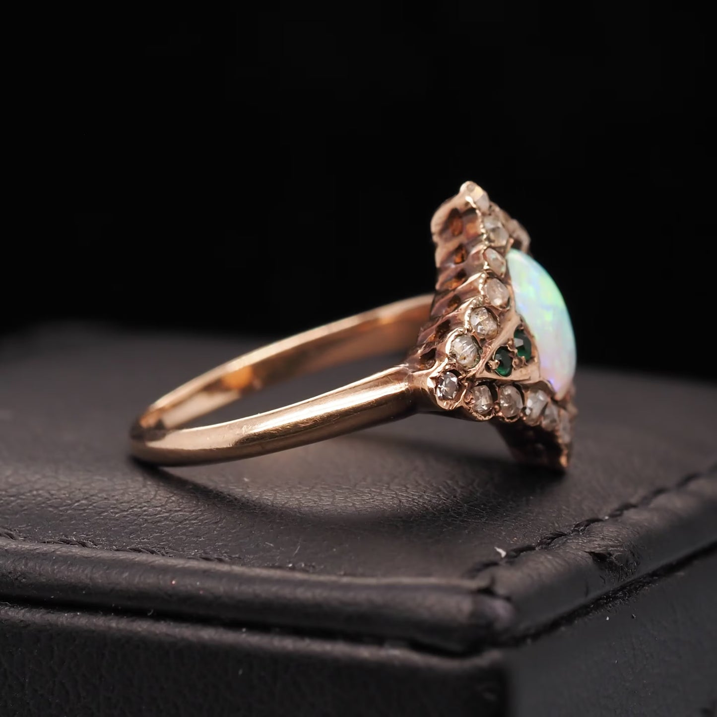 Circa 1900s Art Nouveau 14K Yellow Gold Opal, Emerald and Rose Cut Diamond Ring - VHK#562