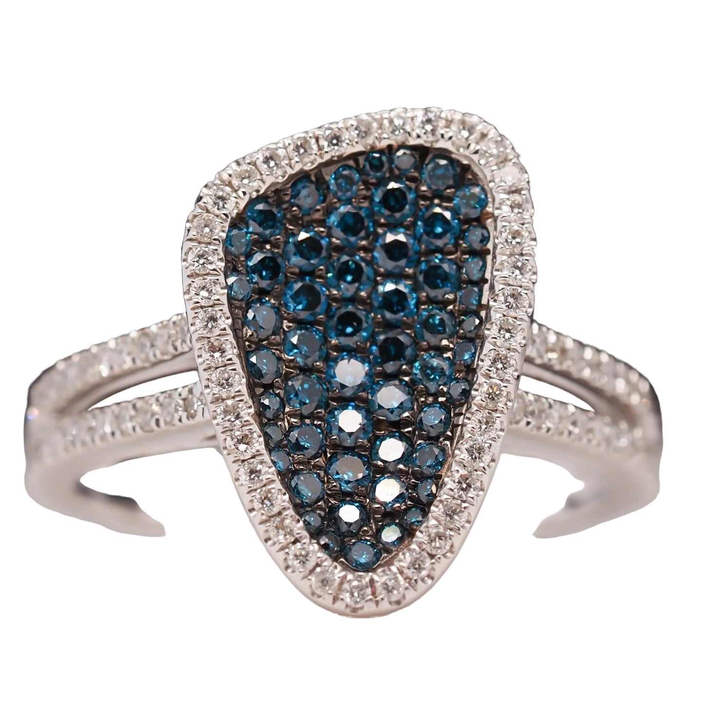 14 Karat Yellow Gold Contemporary Abstract Blue and White Diamond Cocktail Ring - VHK#567