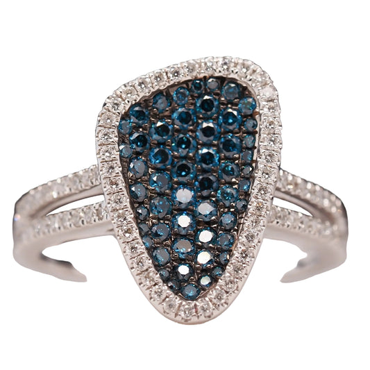 14 Karat Yellow Gold Contemporary Abstract Blue and White Diamond Cocktail Ring - VHK#567
