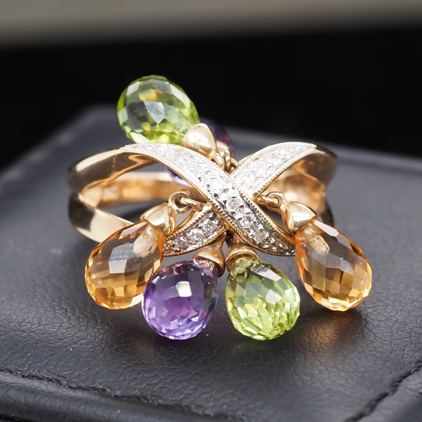 Contemporary 14K Yellow Gold Diamond and Dangling Citrine, Amethyst and Peridot Ring - VHK#568