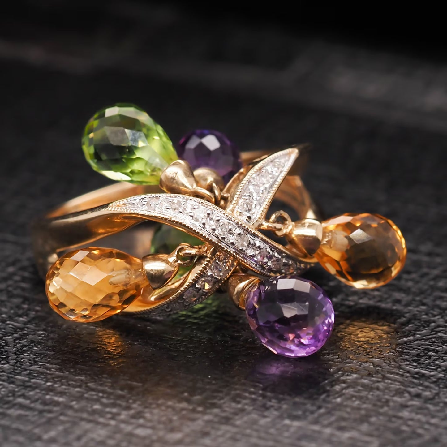 Contemporary 14K Yellow Gold Diamond and Dangling Citrine, Amethyst and Peridot Ring - VHK#568