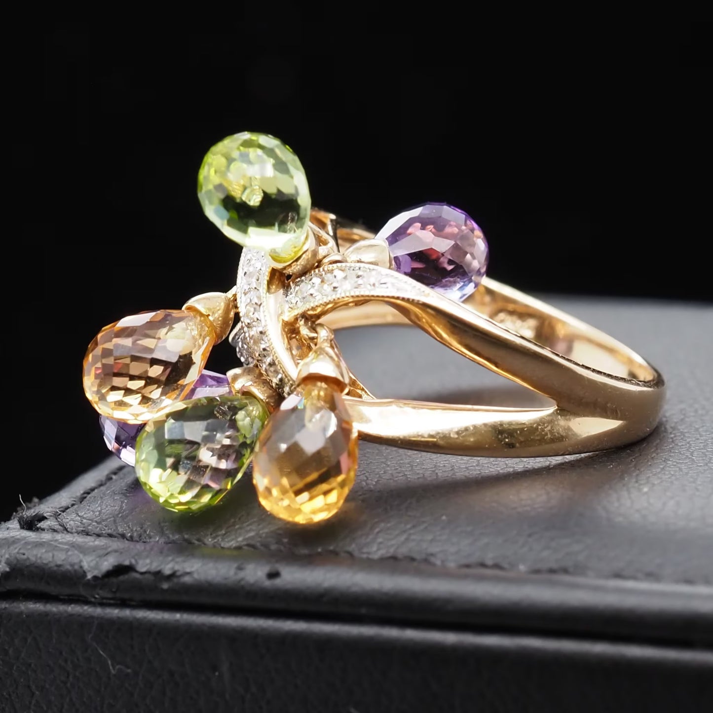 Contemporary 14K Yellow Gold Diamond and Dangling Citrine, Amethyst and Peridot Ring - VHK#568