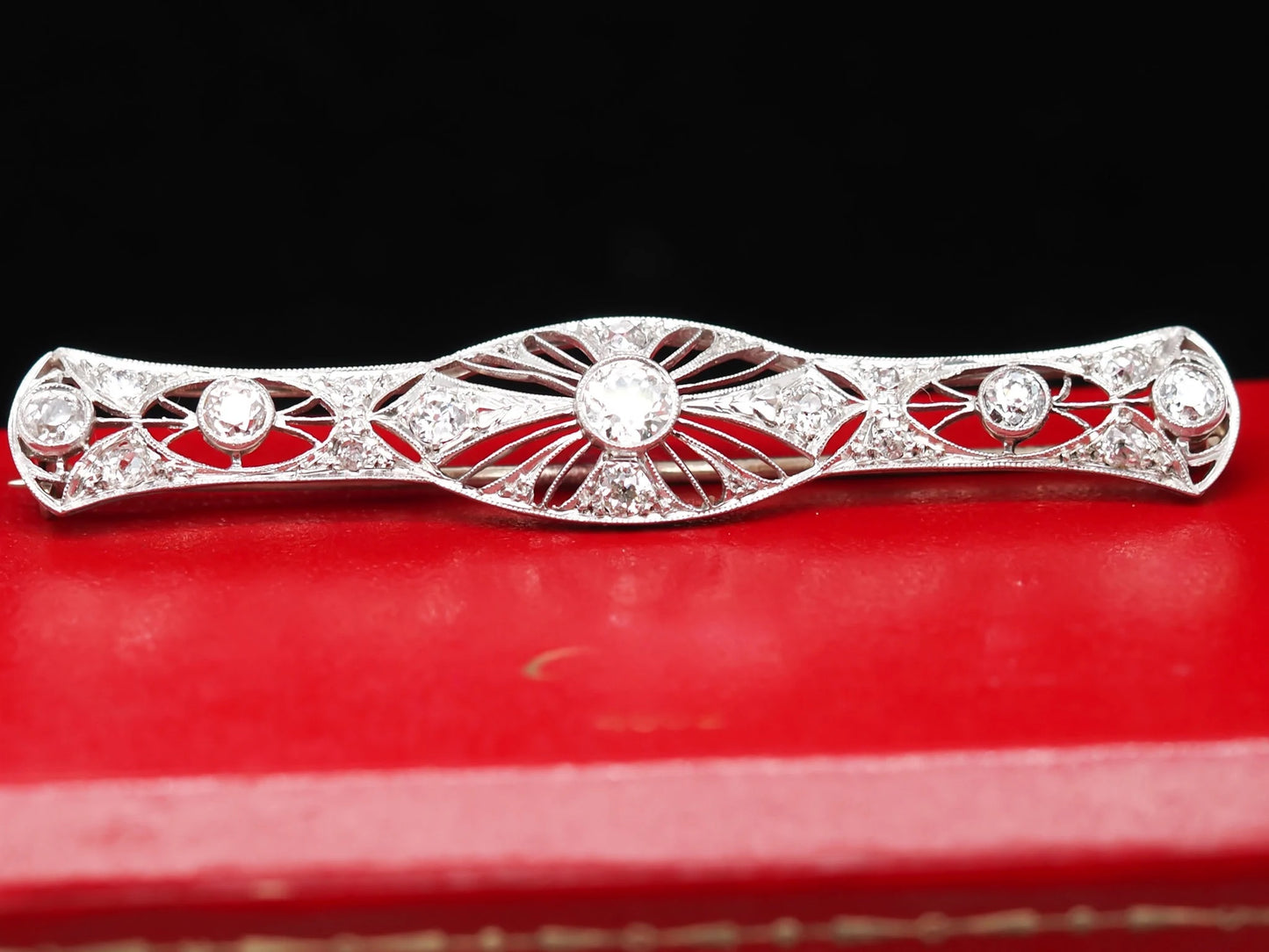 Art Deco Platinum 1.00cttw Old European Diamond Filigree Bar Brooch Pin - VHK#584