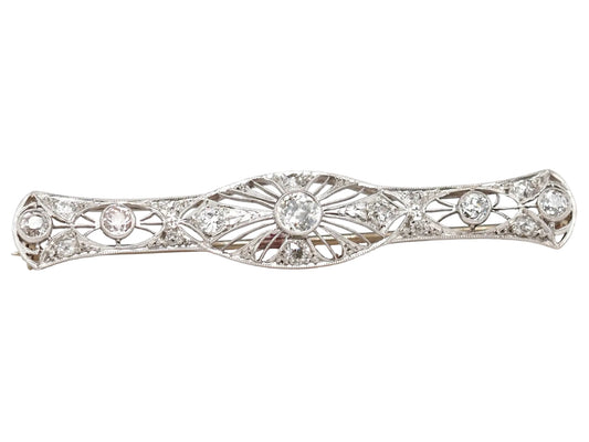 Art Deco Platinum 1.00cttw Old European Diamond Filigree Bar Brooch Pin - VHK#584