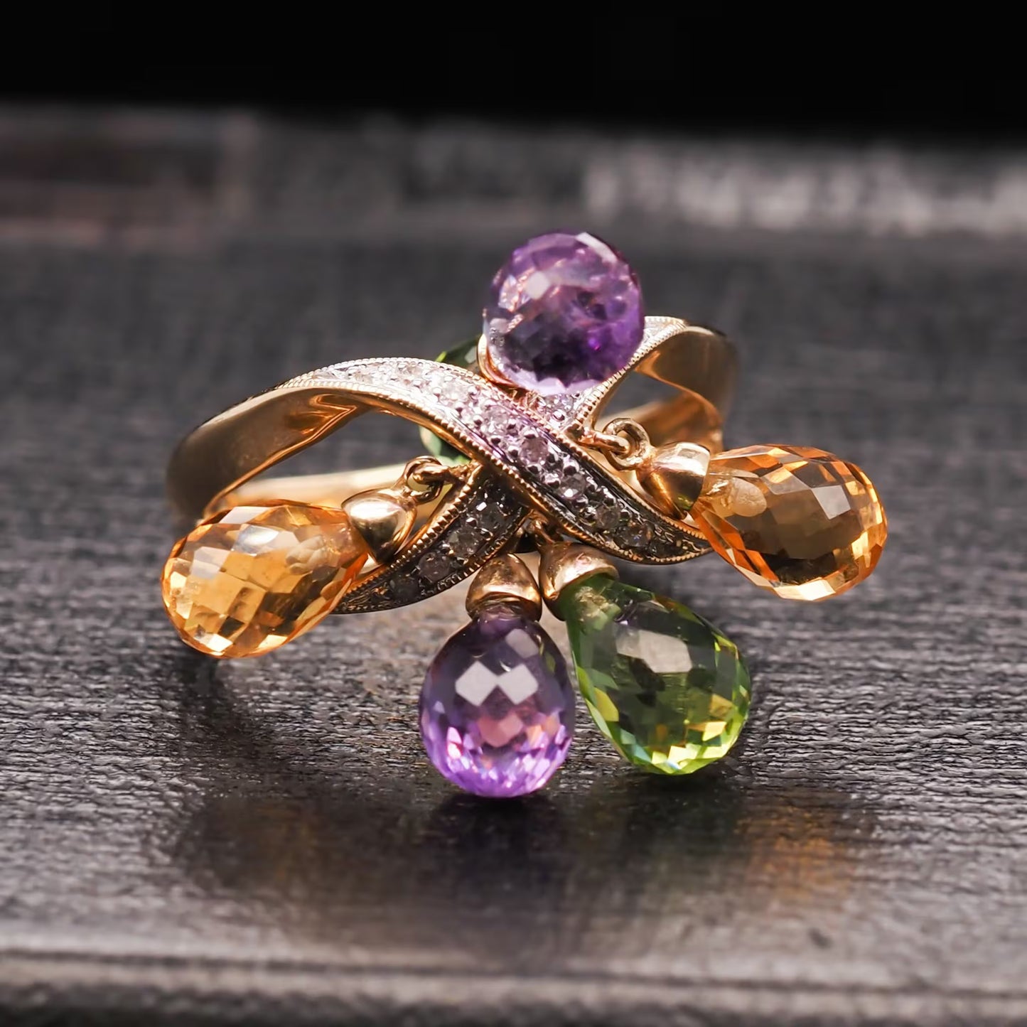 Contemporary 14K Yellow Gold Diamond and Dangling Citrine, Amethyst and Peridot Ring - VHK#568