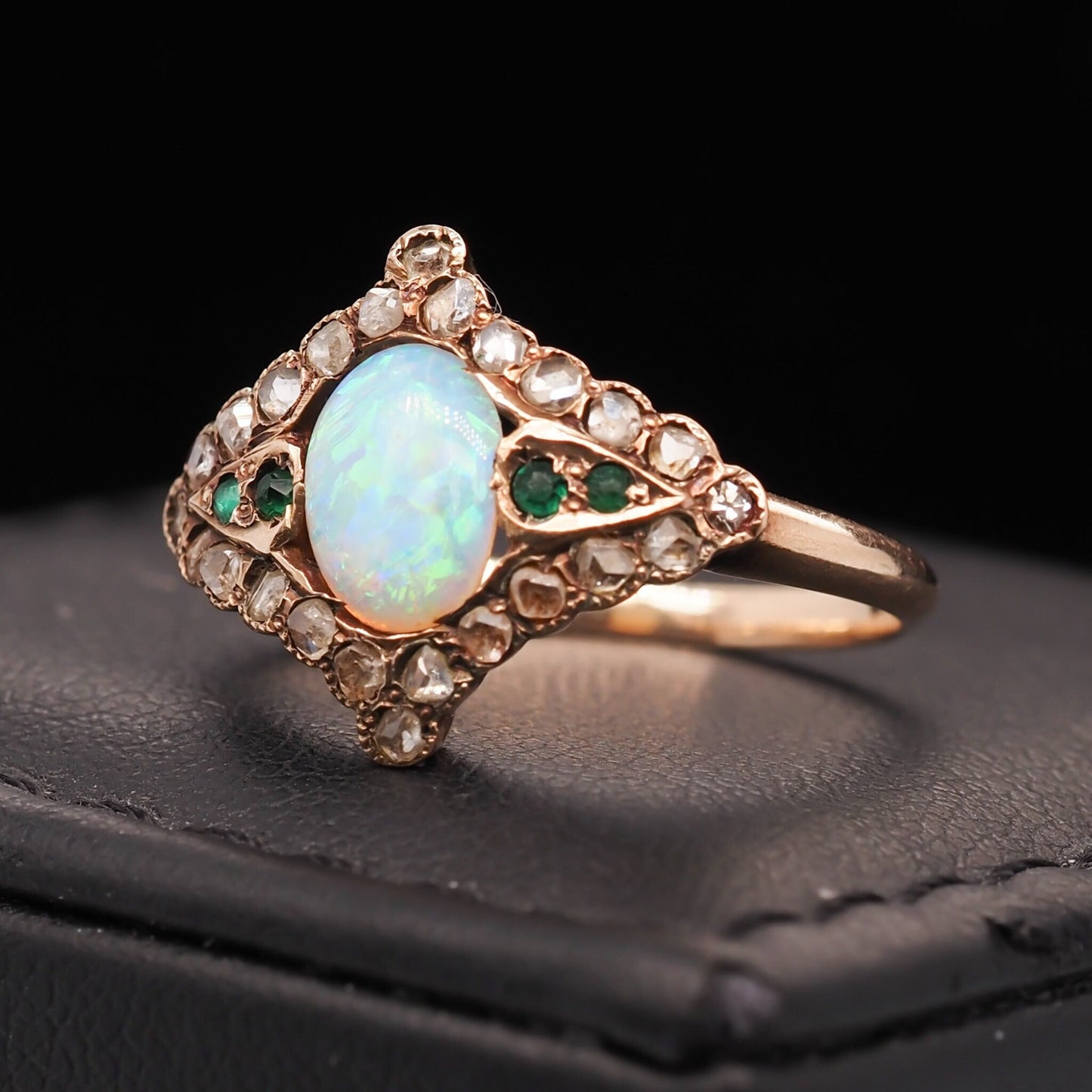 Circa 1900s Art Nouveau 14K Yellow Gold Opal, Emerald and Rose Cut Diamond Ring - VHK#562