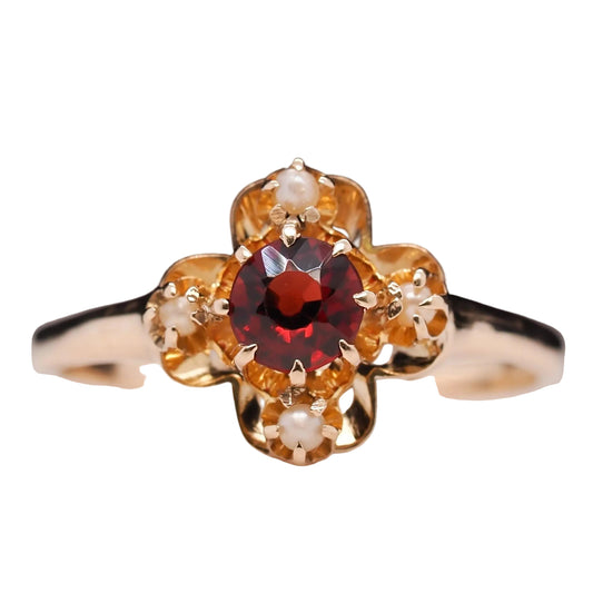 Vintage 14K Yellow Gold Garnet and Seed Pearl Ring - VHK#596