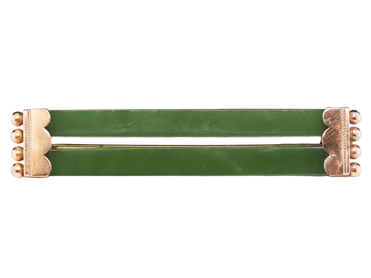 1920s 14K Yellow Gold Straight Double Bar Jade Brooch Pin - VHK#598