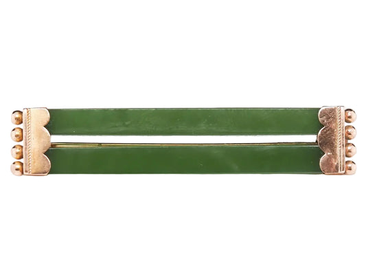 1920s 14K Yellow Gold Straight Double Bar Jade Brooch Pin - VHK#598