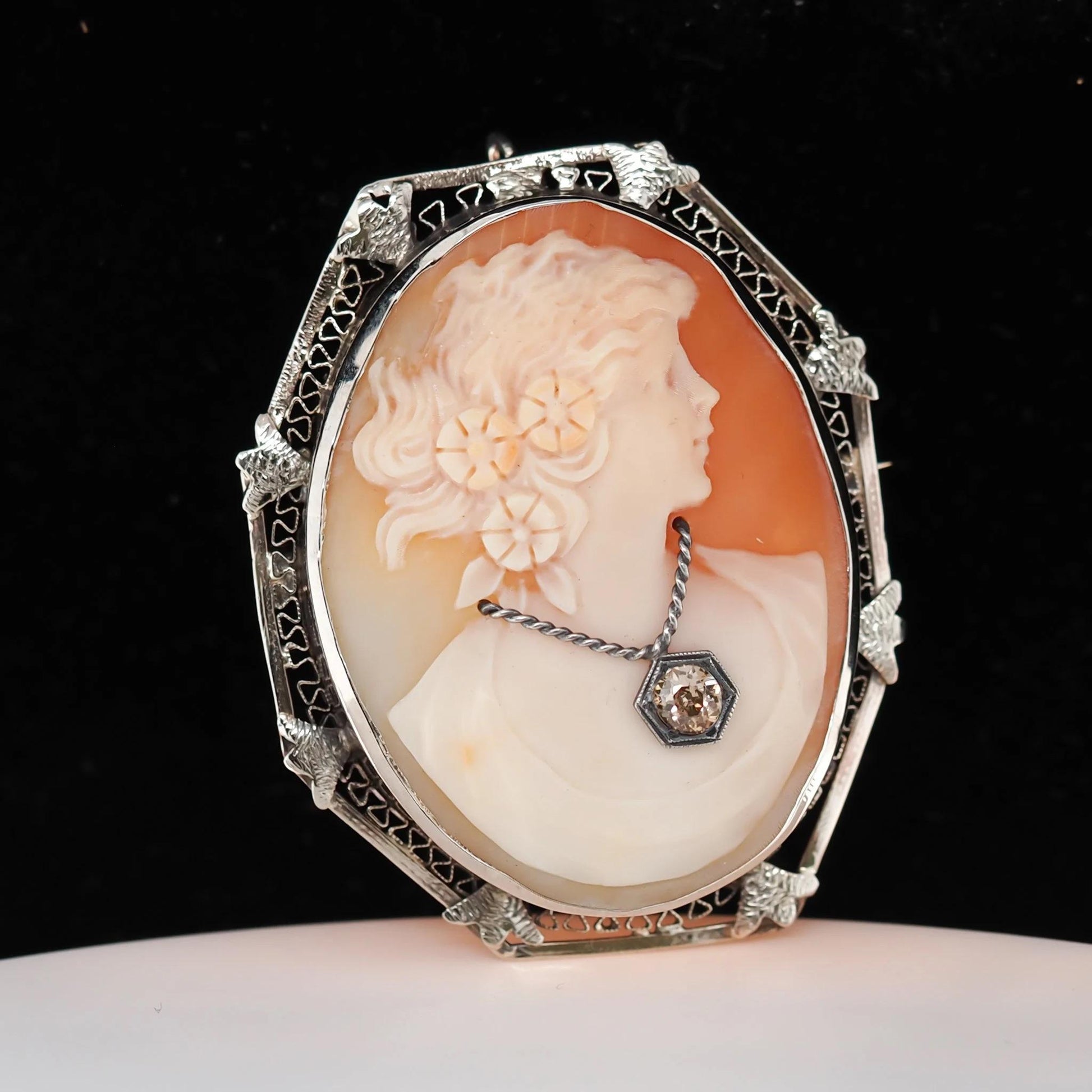 14K White Gold Cameo Brooch Pin with .20ct Fancy Brown Old Miner in Necklace
