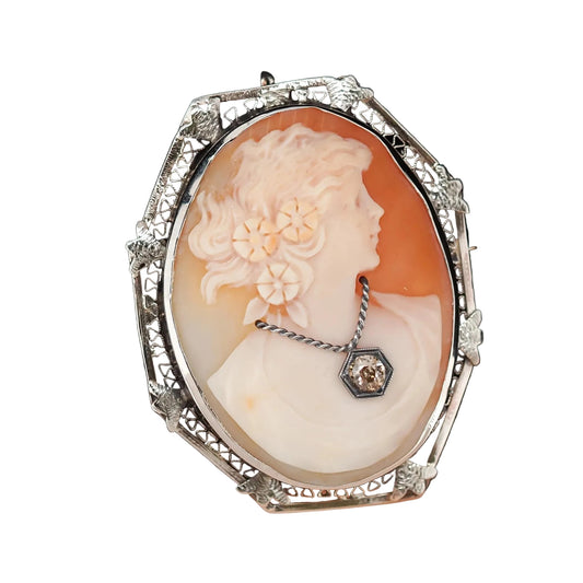 14K White Gold Cameo Brooch Pin with .20ct Fancy Brown Old Miner in Necklace