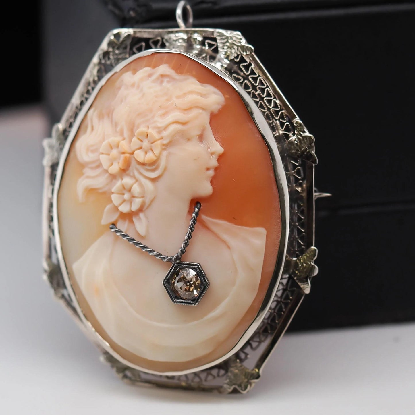 14K White Gold Cameo Brooch Pin with .20ct Fancy Brown Old Miner in Necklace