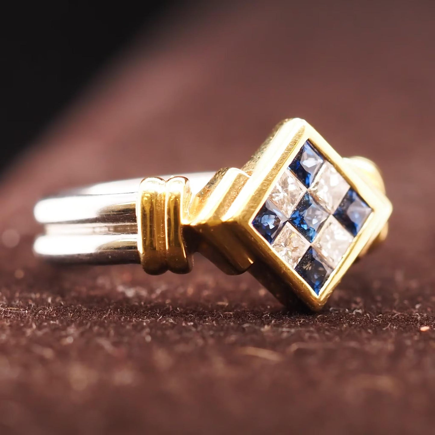 18K Two Tone Gold Diamond and Sapphire Checkerboard Ring - VHK#610