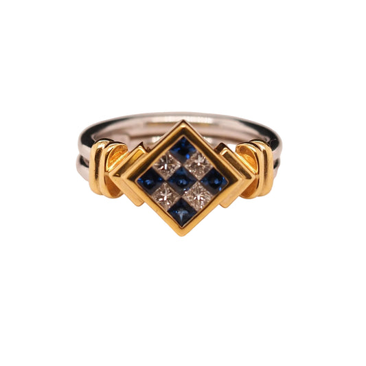18K Two Tone Gold Diamond and Sapphire Checkerboard Ring - VHK#610