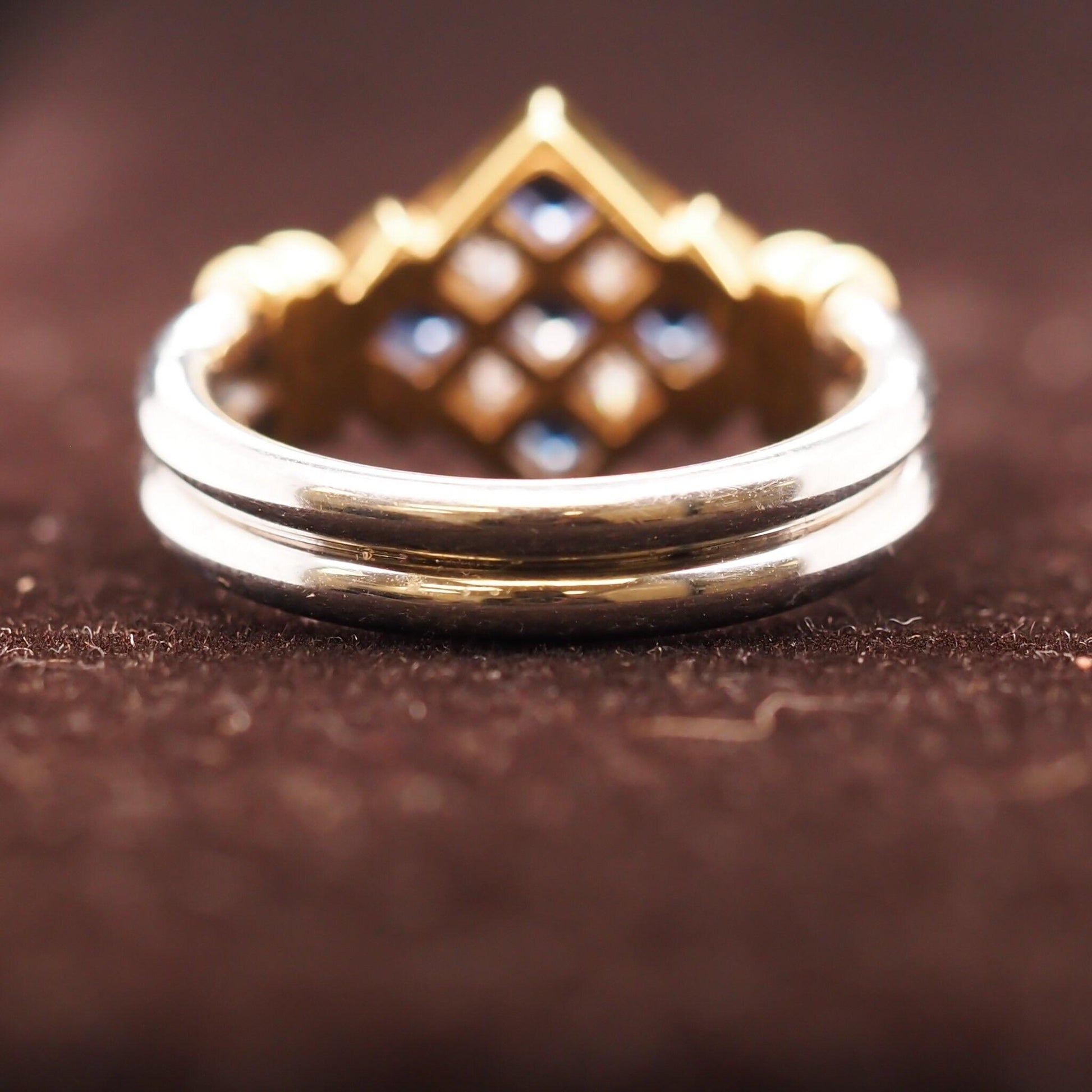 18K Two Tone Gold Diamond and Sapphire Checkerboard Ring - VHK#610