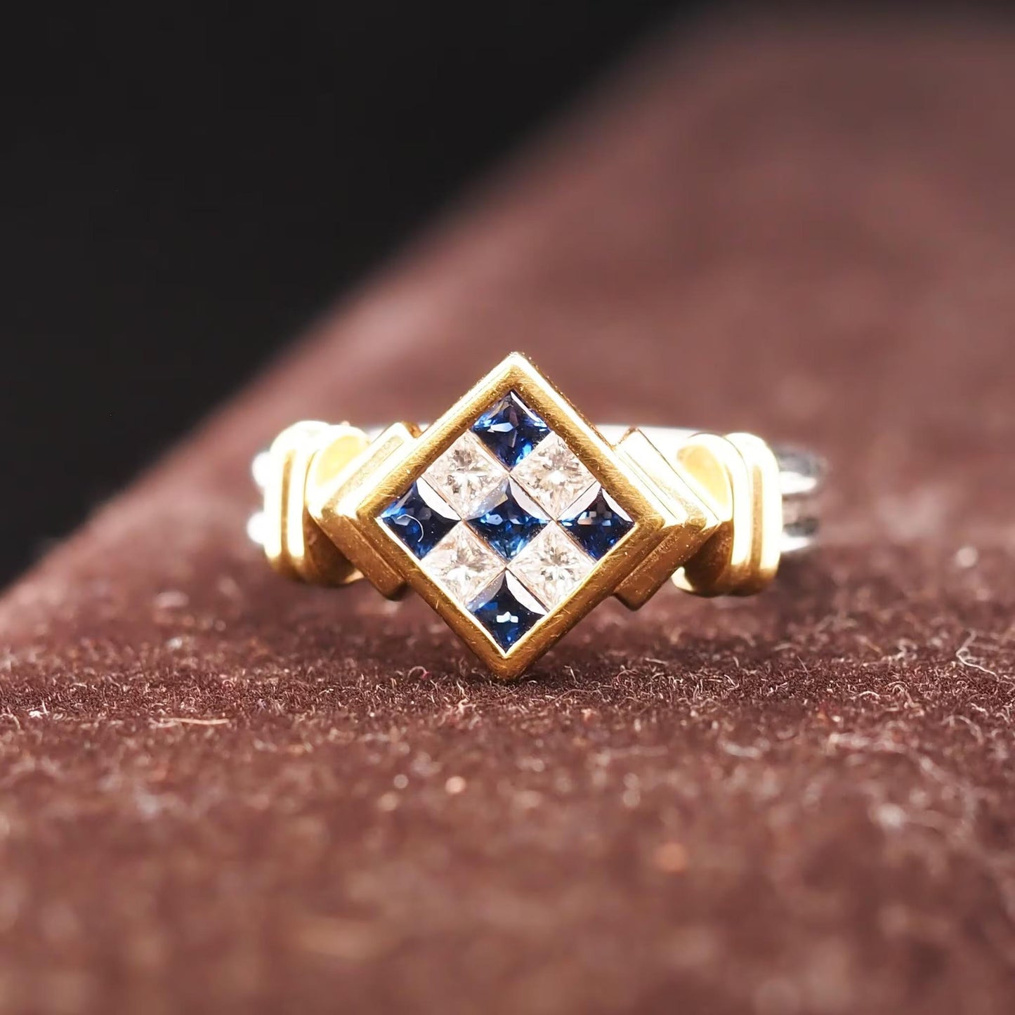 18K Two Tone Gold Diamond and Sapphire Checkerboard Ring - VHK#610