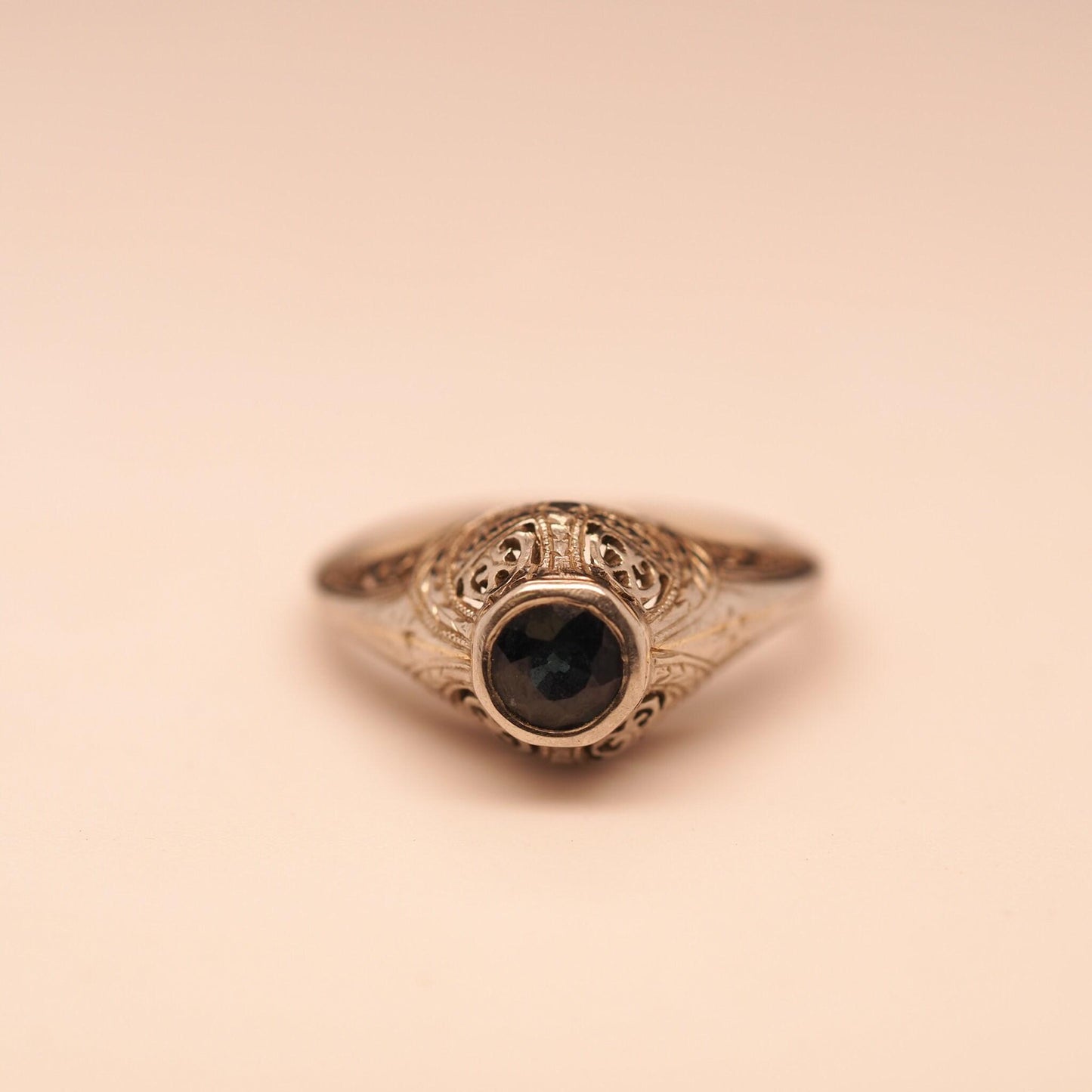 14K White Gold Art Deco Filigree Sapphire Ring - VHK#613