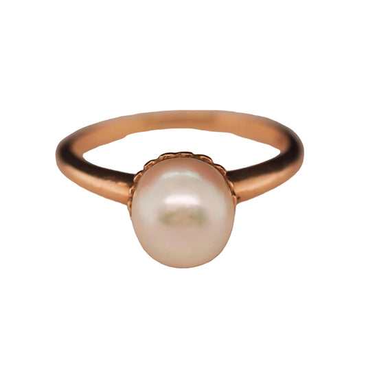 1900s Edwardian 14K Yellow Gold Pearl Ring with Scallop Prongs - VHK#614