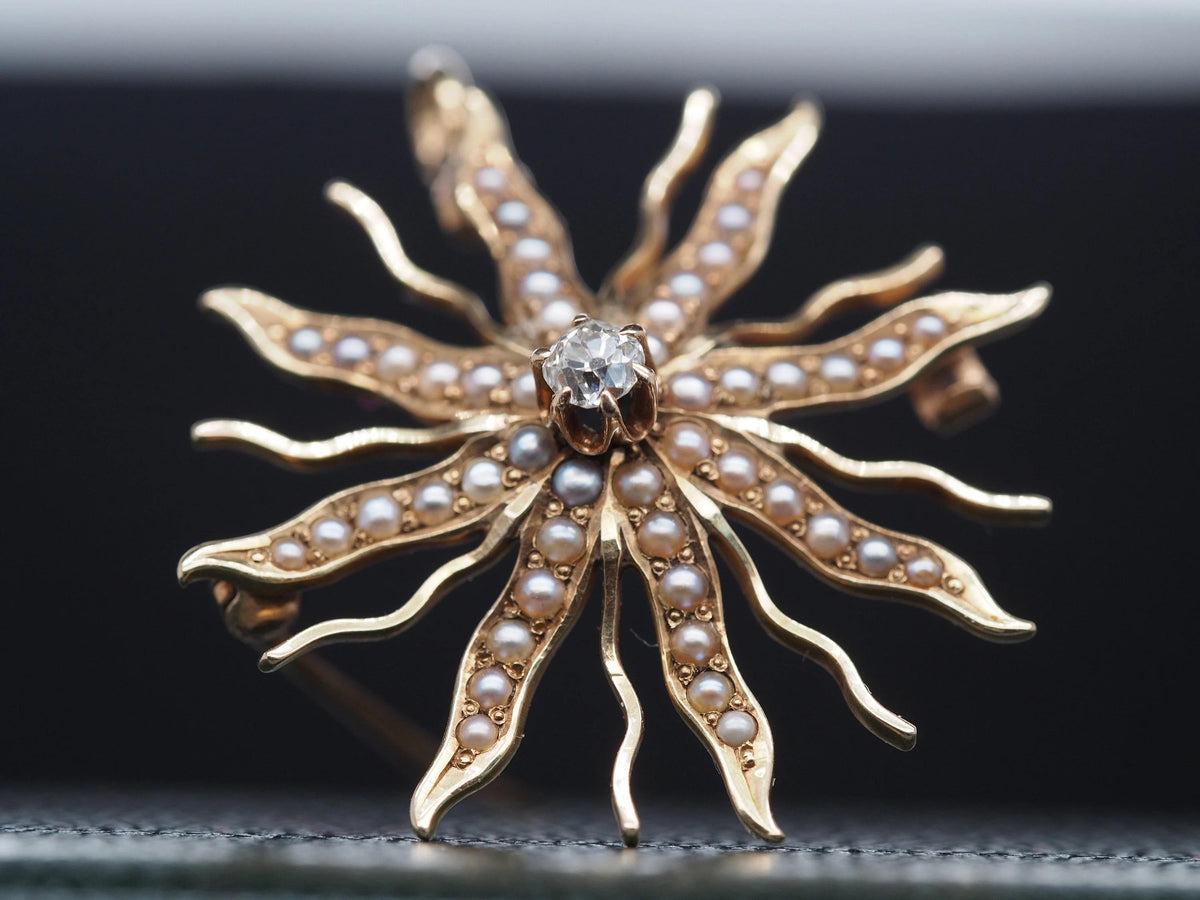 1900s Edwardian Flower Brooch with Pearls and Old Mine Diamond - VHK#201