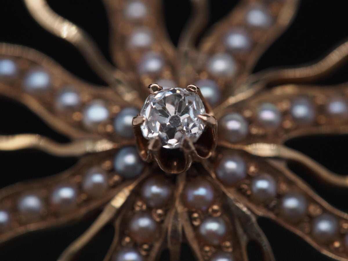1900s Edwardian Flower Brooch with Pearls and Old Mine Diamond - VHK#201